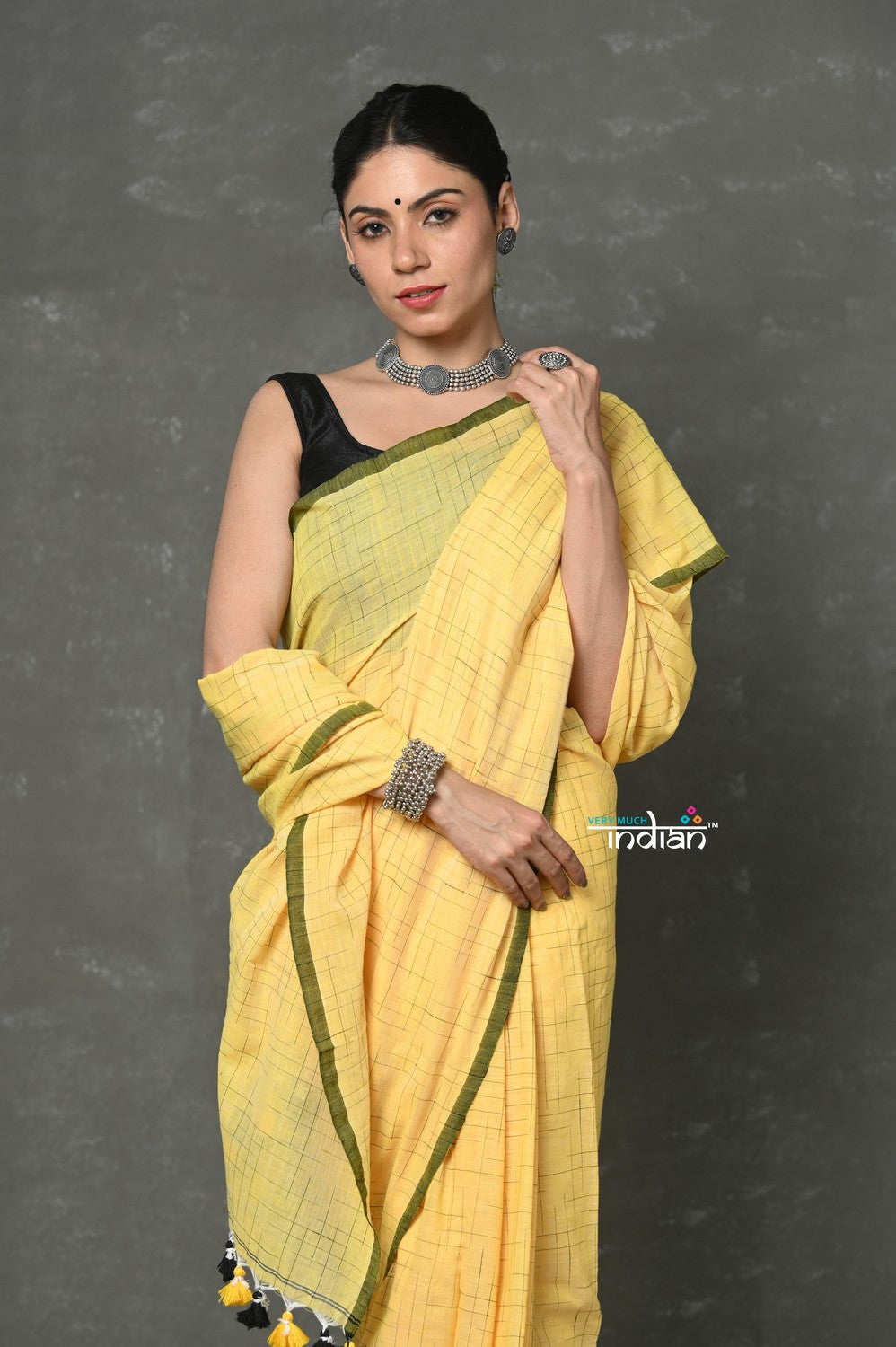Very Much Indian Tyohaar - Mul Cotton Khadi Design Handloom Woven Saree - Yellow | Grocsy