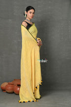 Very Much Indian Mul Cotton Khadi Design Handloom Woven Saree - Yellow | Grocsy