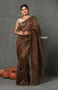 Very Much Indian Mul Cotton Zari Design Handloom Woven Saree - Brown | Grocsy