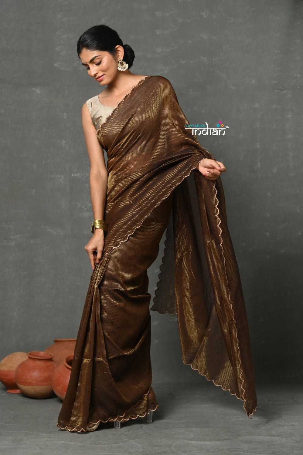 Very Much Indian Mul Cotton Zari Design Handloom Woven Saree - Brown | Grocsy