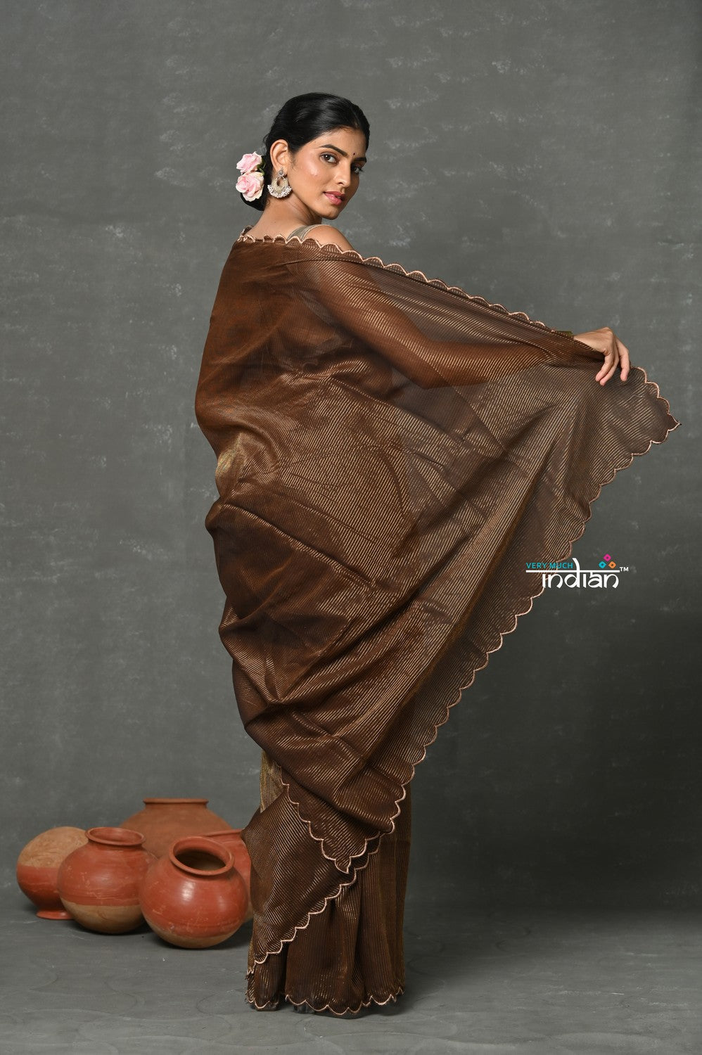 Very Much Indian Mul Cotton Zari Design Handloom Woven Saree - Brown | Grocsy