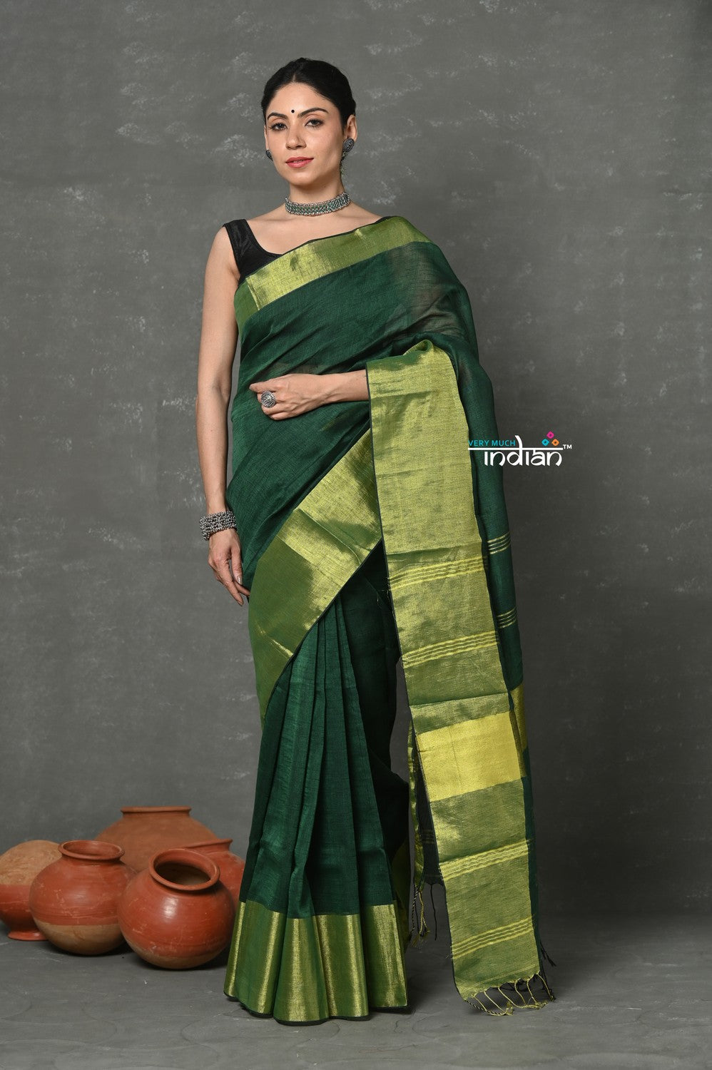 Very Much Indian Handloom Pure Cotton Linen Saree With Golden Border - Green | Grocsy