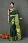 Very Much Indian Handloom Pure Cotton Linen Saree With Golden Border - Green | Grocsy