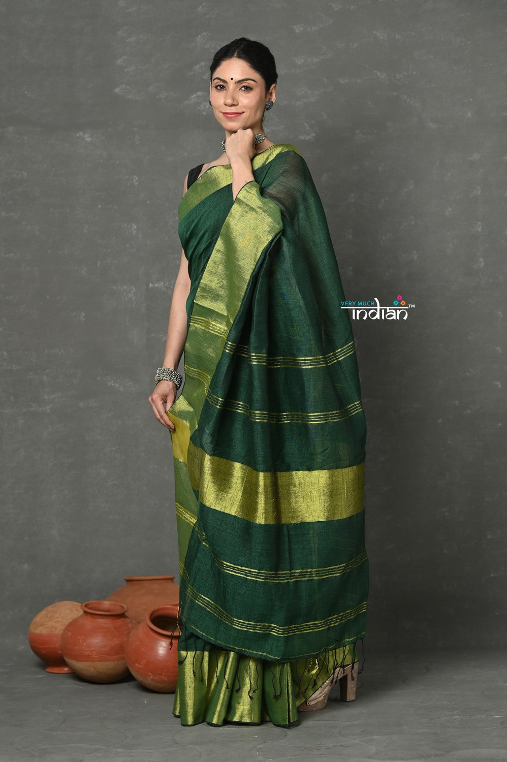 Very Much Indian Handloom Pure Cotton Linen Saree With Golden Border - Green | Grocsy