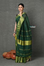 Very Much Indian Handloom Pure Cotton Linen Saree With Golden Border - Green | Grocsy