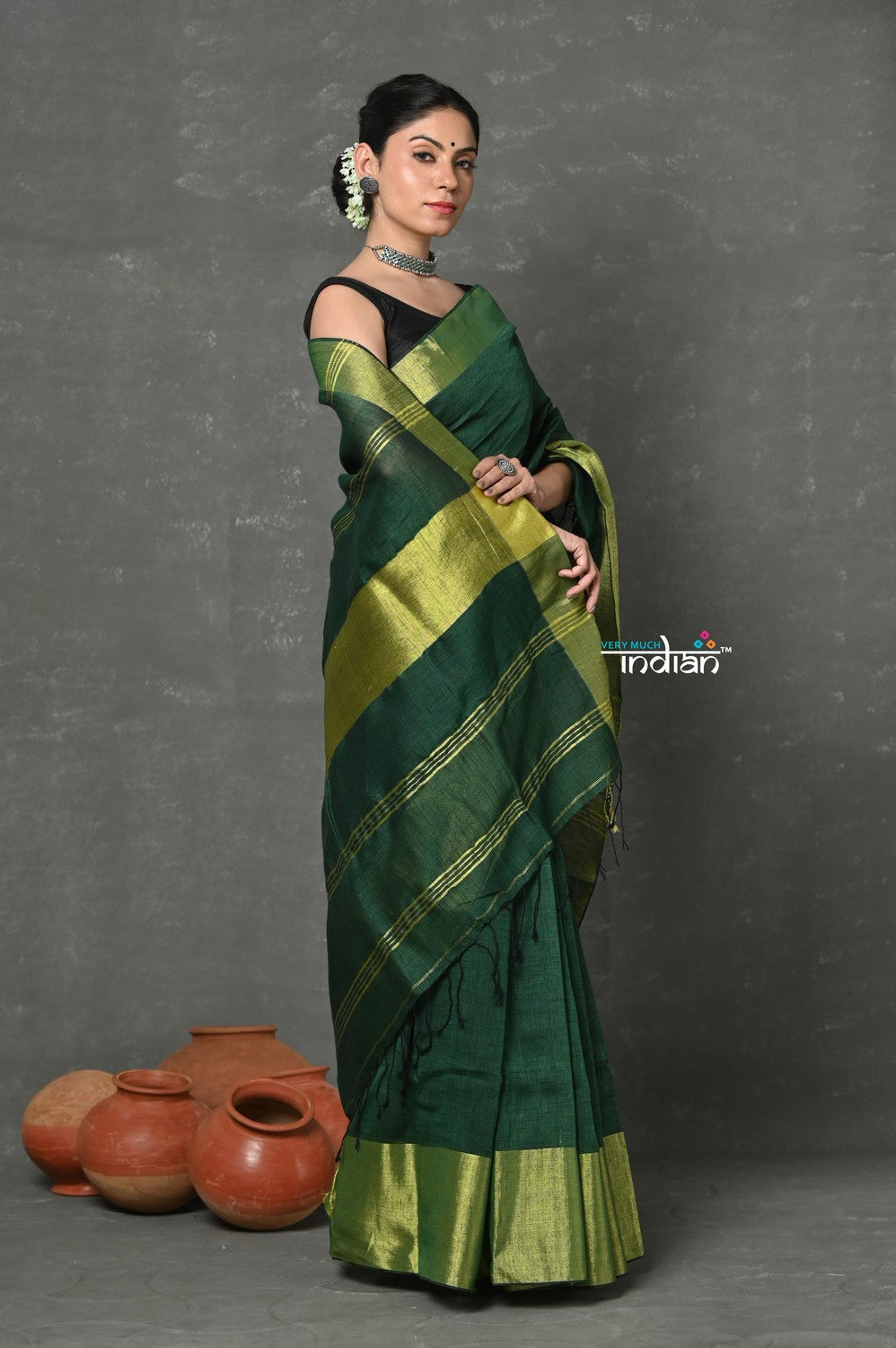 Very Much Indian Handloom Pure Cotton Linen Saree With Golden Border - Green | Grocsy