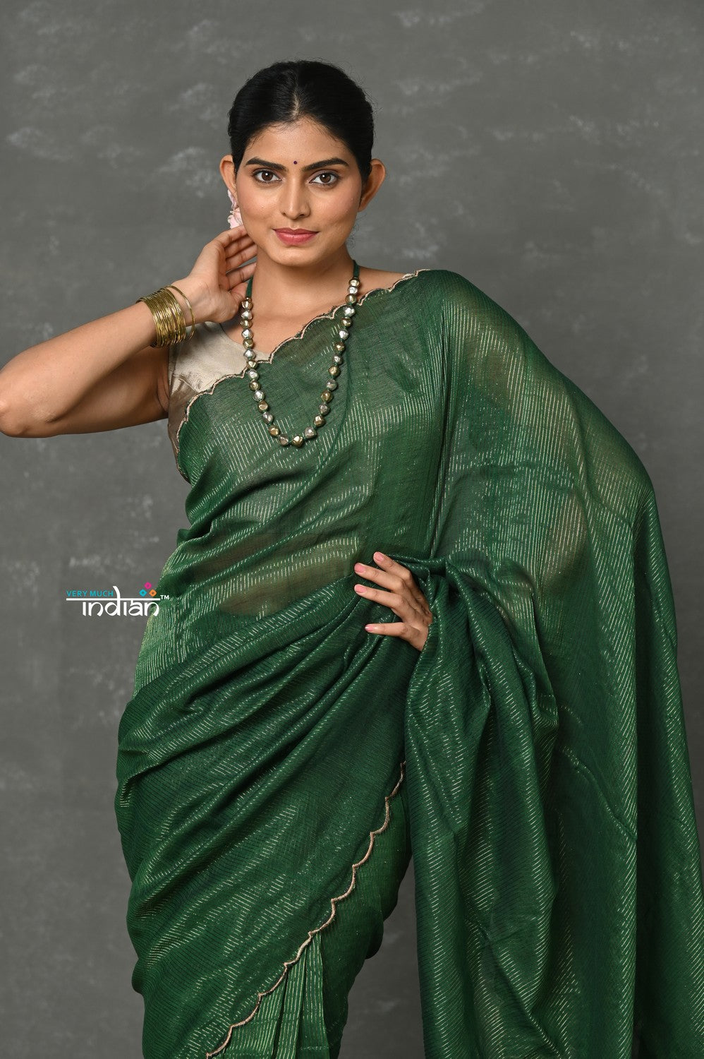 Very Much Indian Tyohaar - Mul Cotton Zari Design Handloom Woven Saree - Dark Green | Grocsy