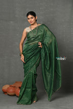 Very Much Indian Mul Cotton Zari Design Handloom Woven Saree - Dark Green | Grocsy
