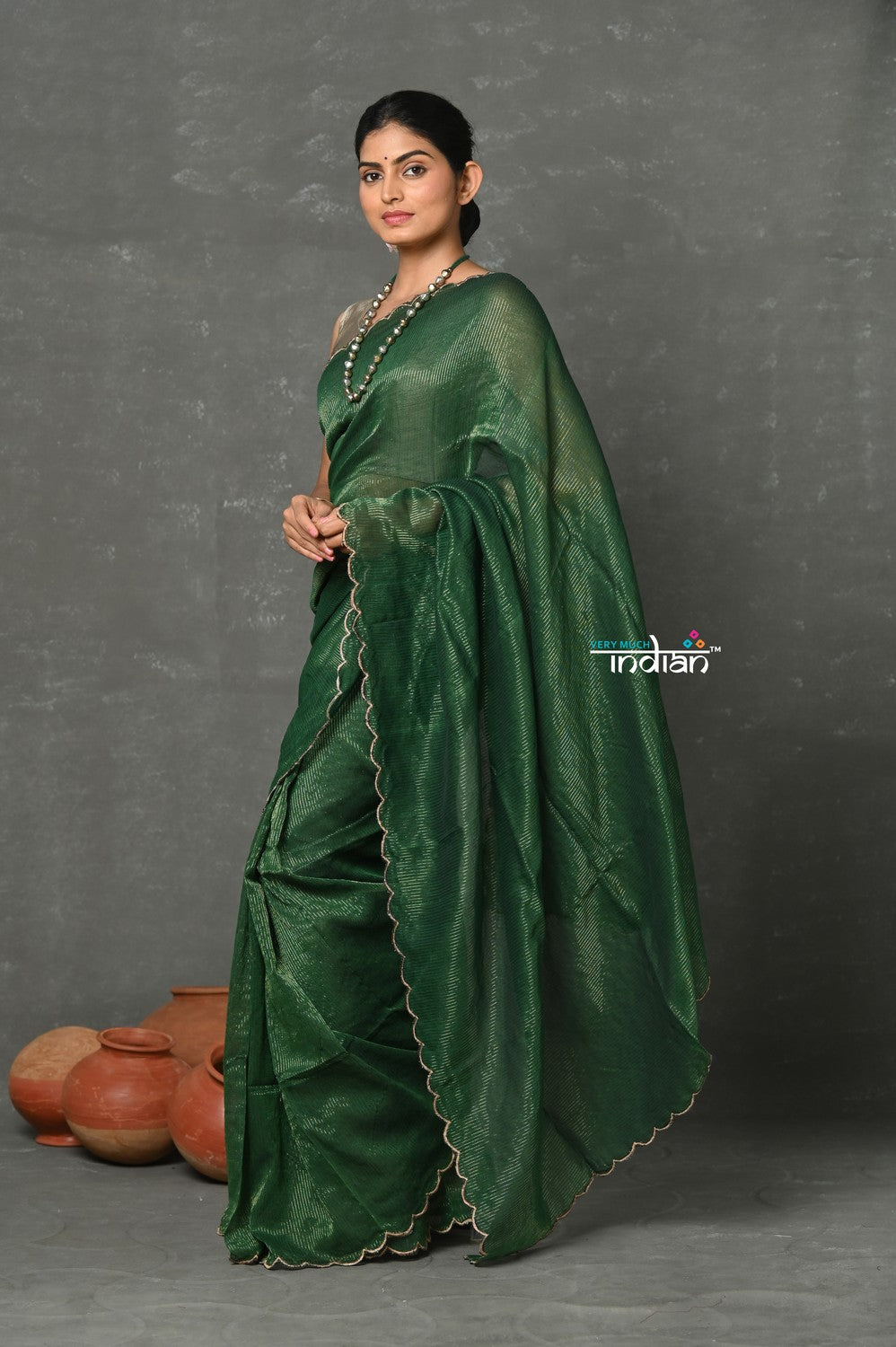 Very Much Indian Mul Cotton Zari Design Handloom Woven Saree - Dark Green | Grocsy