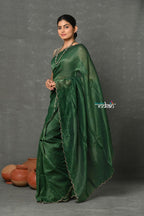 Very Much Indian Tyohaar - Mul Cotton Zari Design Handloom Woven Saree - Dark Green | Grocsy