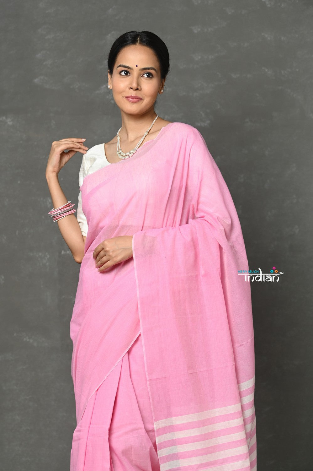 Very Much Indian Tyohaar - Pure Mul Cotton Handloom Saree - Feather Pink | Grocsy