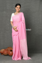 Very Much Indian Tyohaar - Pure Mul Cotton Handloom Saree - Feather Pink | Grocsy
