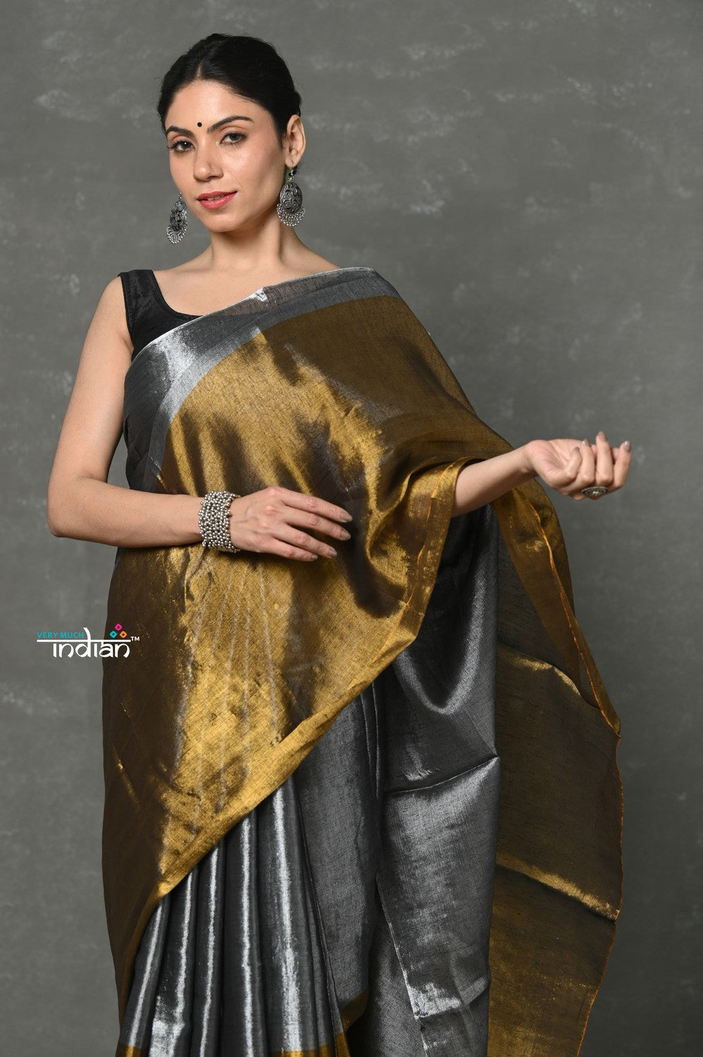 Very Much Indian Fusion Cotton Tissue Shimmer Saree - Silver and Gold | Grocsy