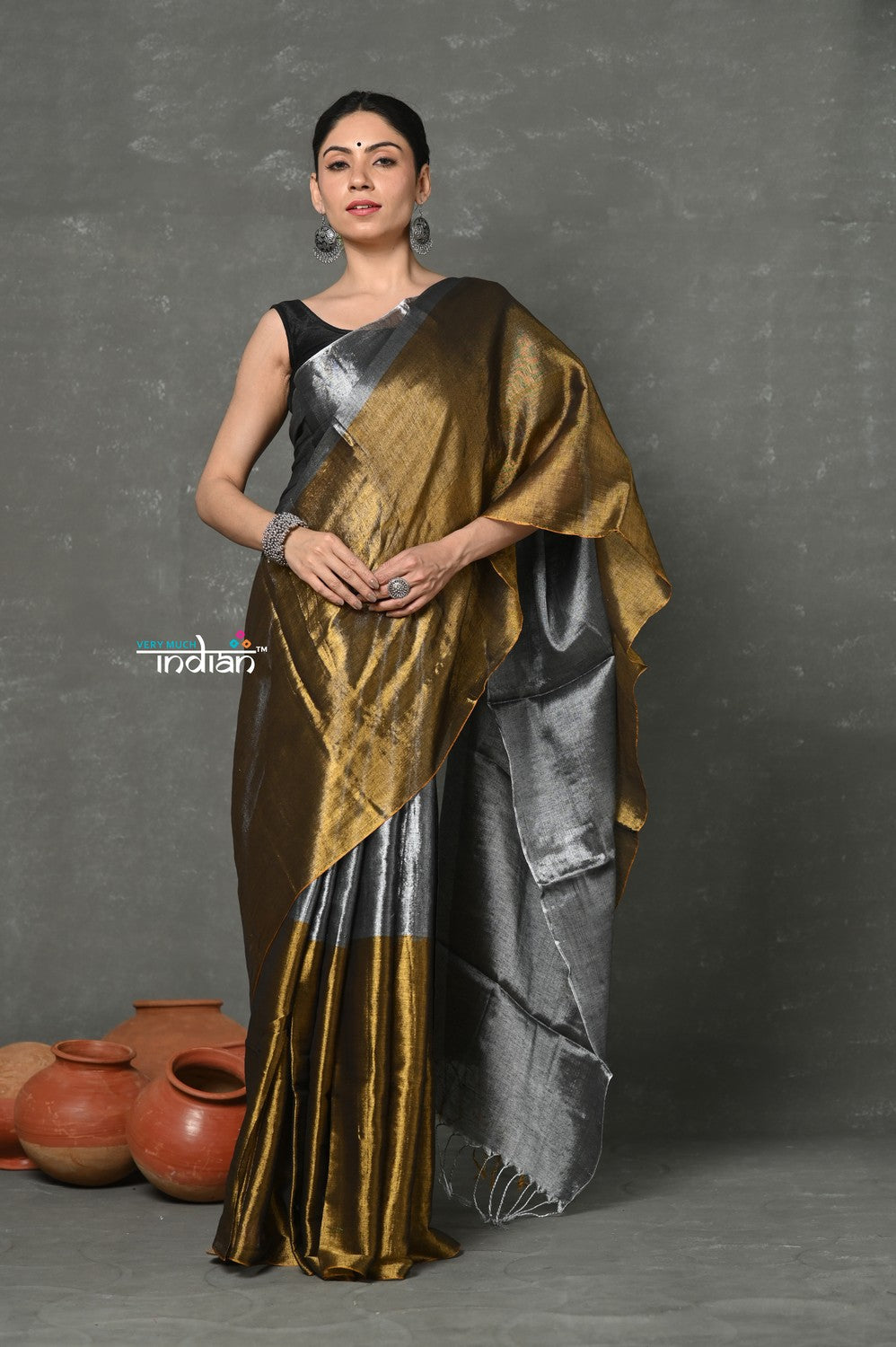Very Much Indian Tyohaar - Fusion Cotton Tissue Shimmer Saree - Silver and Gold | Grocsy