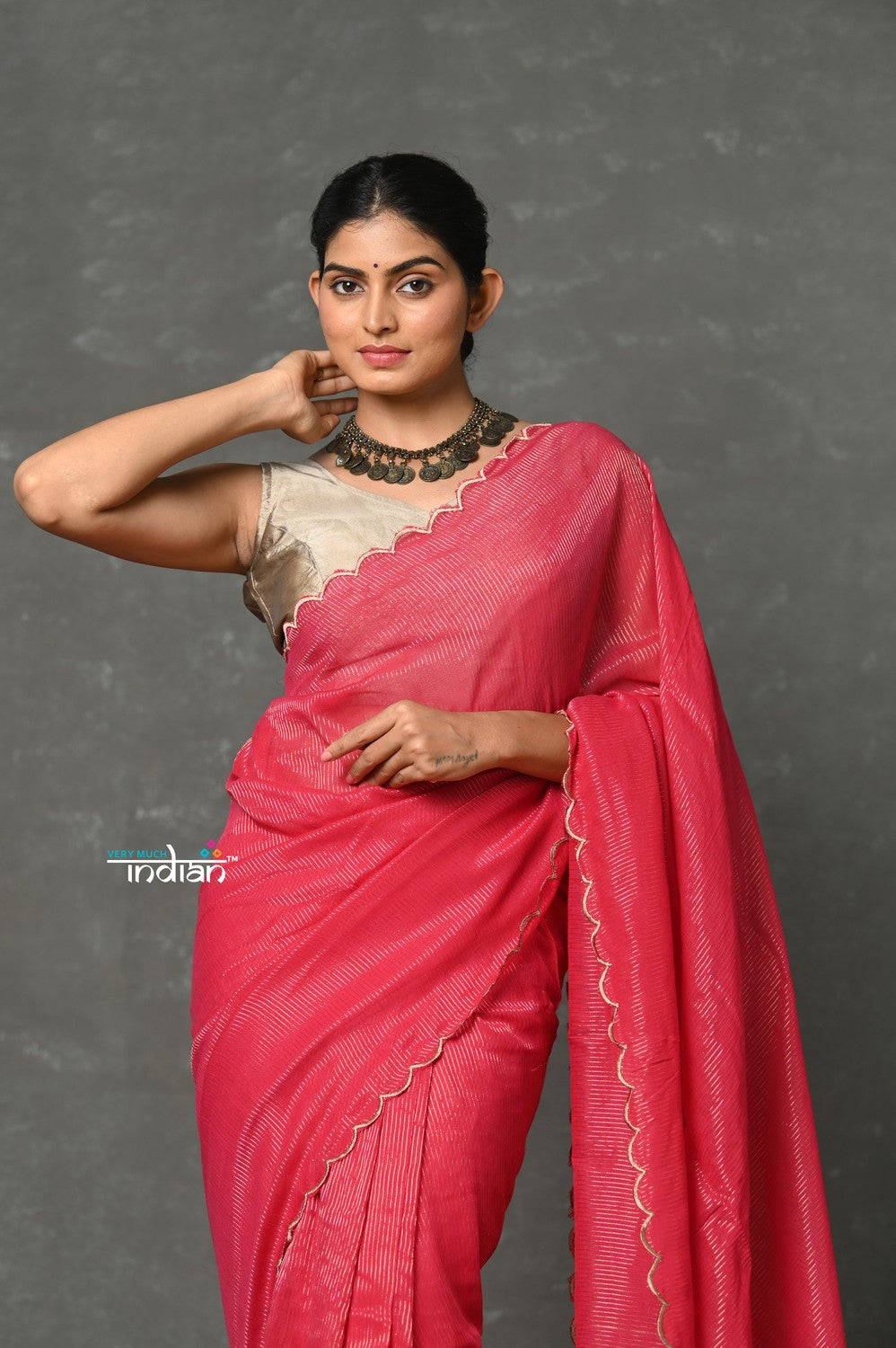 Very Much Indian Mul Cotton Zari Design Handloom Woven Saree - Rani Pink | Grocsy