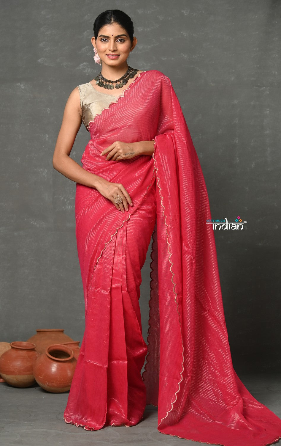 Very Much Indian Mul Cotton Zari Design Handloom Woven Saree - Rani Pink | Grocsy