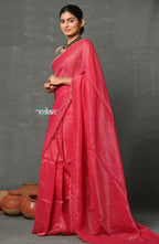 Very Much Indian Mul Cotton Zari Design Handloom Woven Saree - Rani Pink | Grocsy