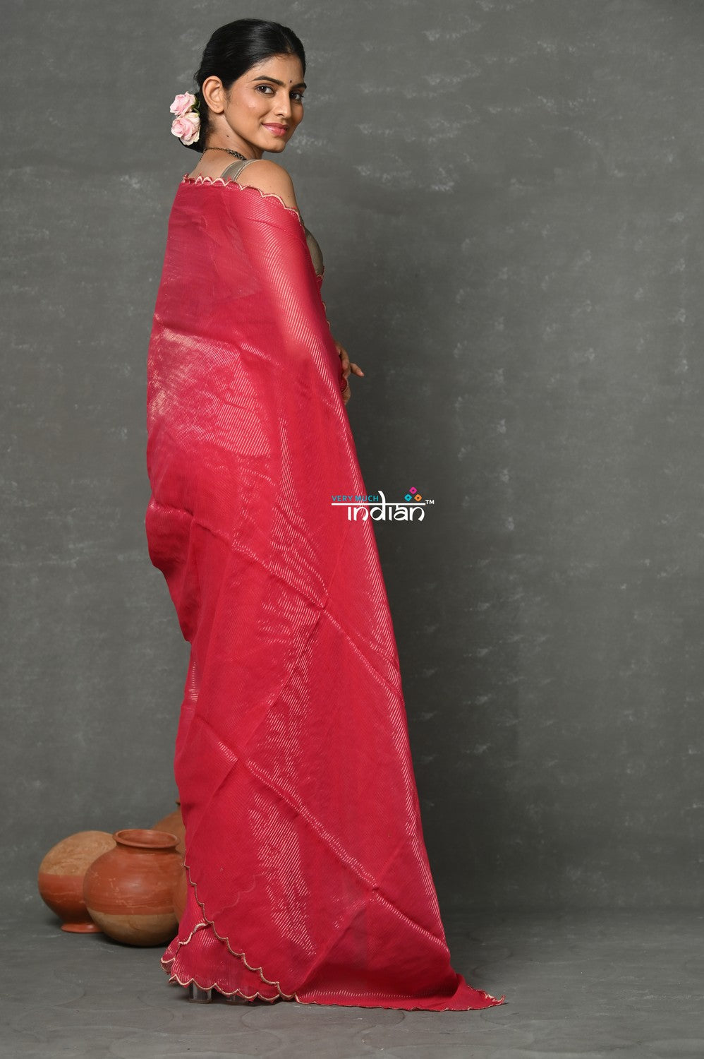 Very Much Indian Mul Cotton Zari Design Handloom Woven Saree - Rani Pink | Grocsy