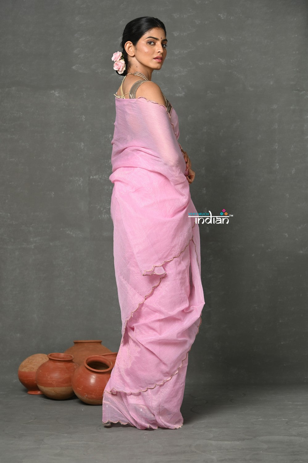 Very Much Indian Tyohaar - Mul Cotton Zari Design Handloom Woven Saree - Lily Pink | Grocsy