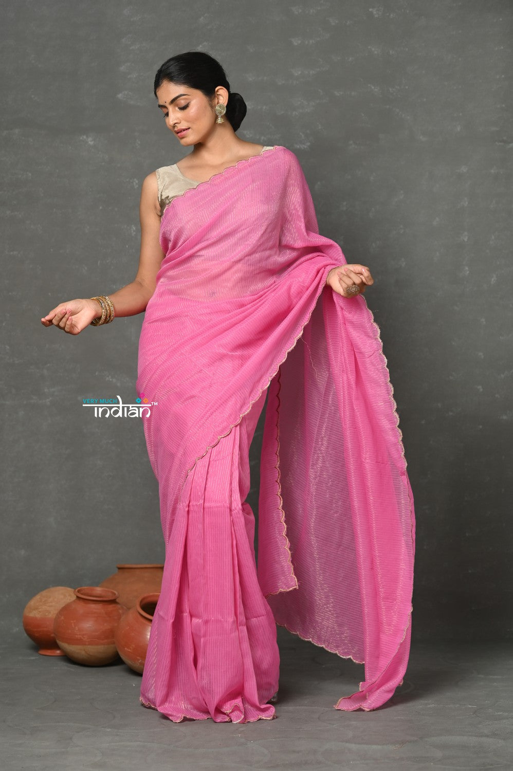 Very Much Indian Mul Cotton Zari Design Handloom Woven Saree - Heather Pink | Grocsy