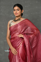 Very Much Indian Tyohaar - Pure Handloom Tussar Silk Saree With Sleek Golden Border - Copper Red | Grocsy