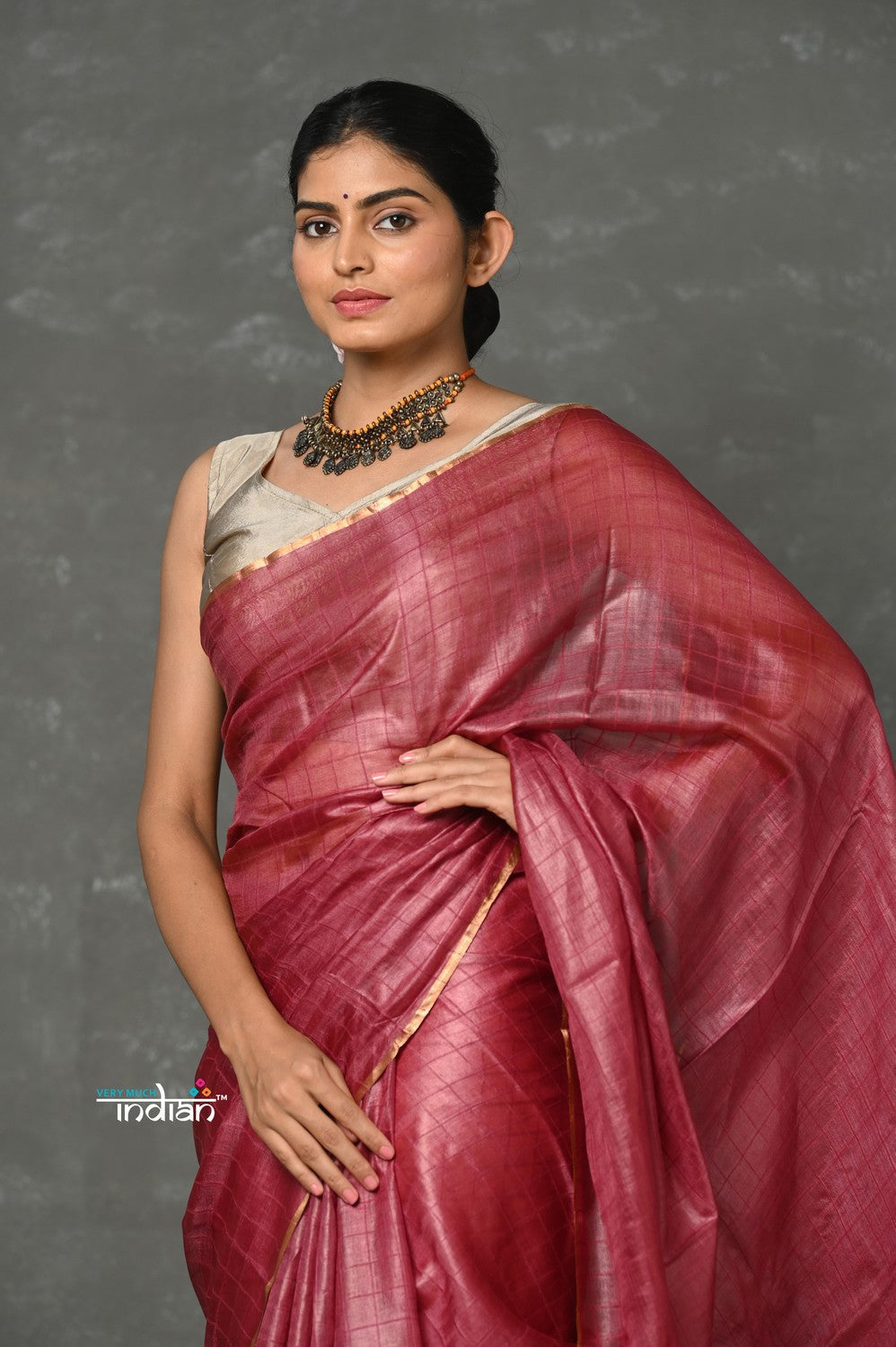 Very Much Indian Tyohaar - Pure Handloom Tussar Silk Saree With Sleek Golden Border - Copper Red | Grocsy