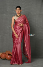 Very Much Indian Tyohaar - Pure Handloom Tussar Silk Saree With Sleek Golden Border - Copper Red | Grocsy