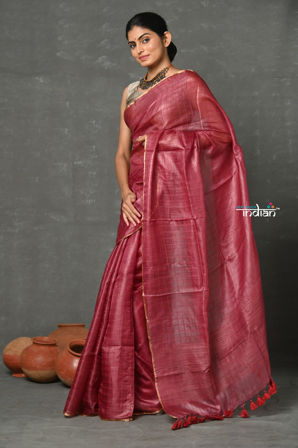 Very Much Indian Tyohaar - Pure Handloom Tussar Silk Saree With Sleek Golden Border - Copper Red | Grocsy