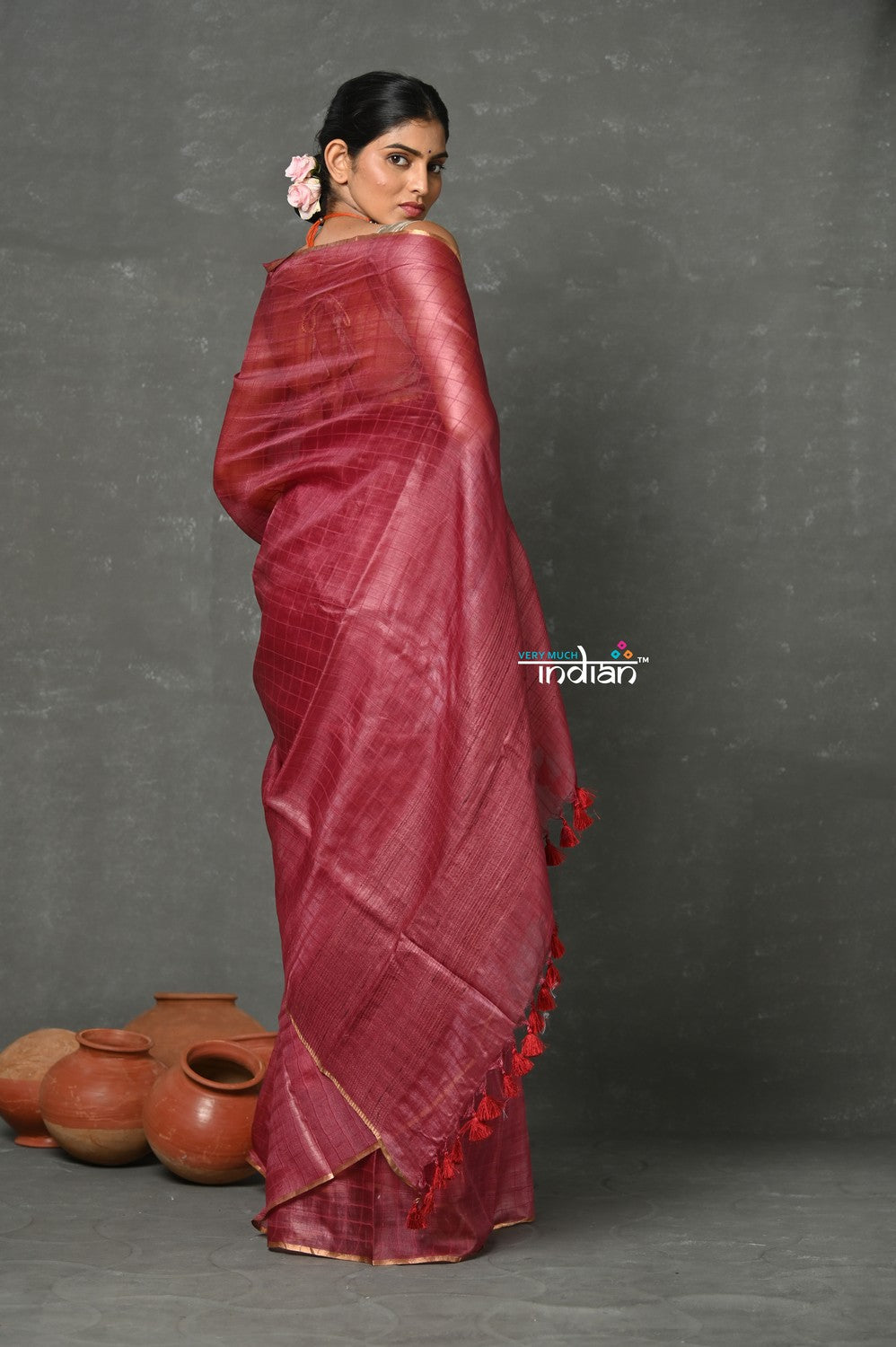 Very Much Indian Tyohaar - Pure Handloom Tussar Silk Saree With Sleek Golden Border - Copper Red | Grocsy