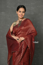 Very Much Indian Mul Cotton Zari Design Handloom Woven Saree - Maroon | Grocsy