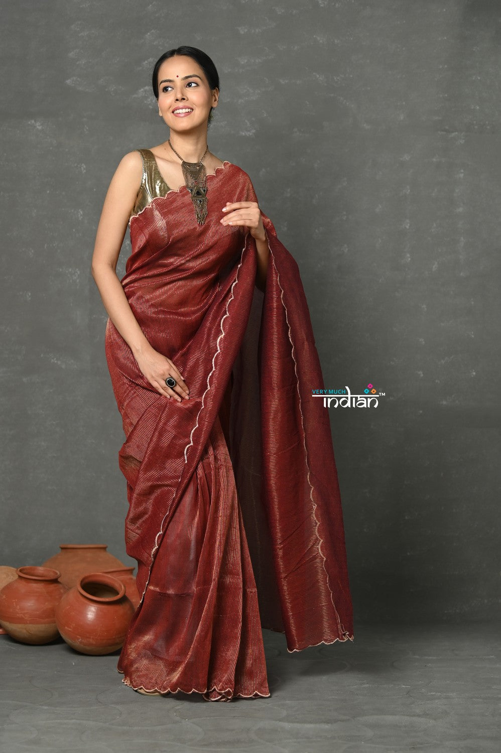Very Much Indian Tyohaar - Mul Cotton Zari Design Handloom Woven Saree - Maroon | Grocsy