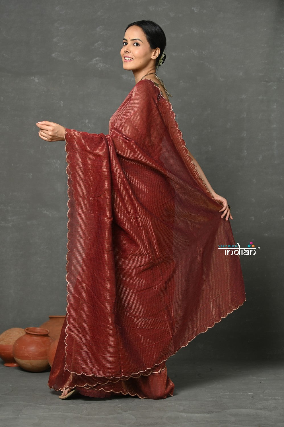 Very Much Indian Tyohaar - Mul Cotton Zari Design Handloom Woven Saree - Maroon | Grocsy