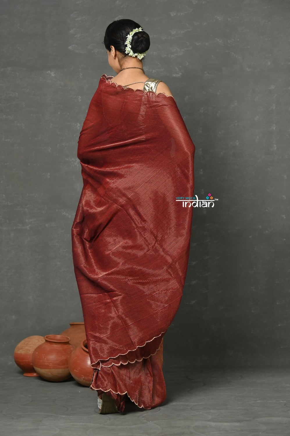 Very Much Indian Mul Cotton Zari Design Handloom Woven Saree - Maroon | Grocsy