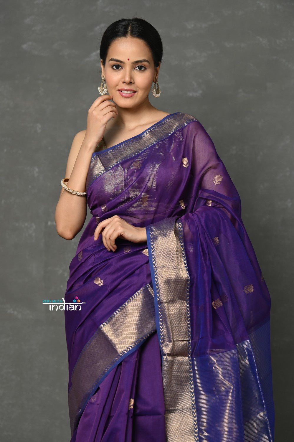 Very Much Indian Tyohaar - Handloom Pure Cotton Silk Saree With Golden Border - Violet | Grocsy