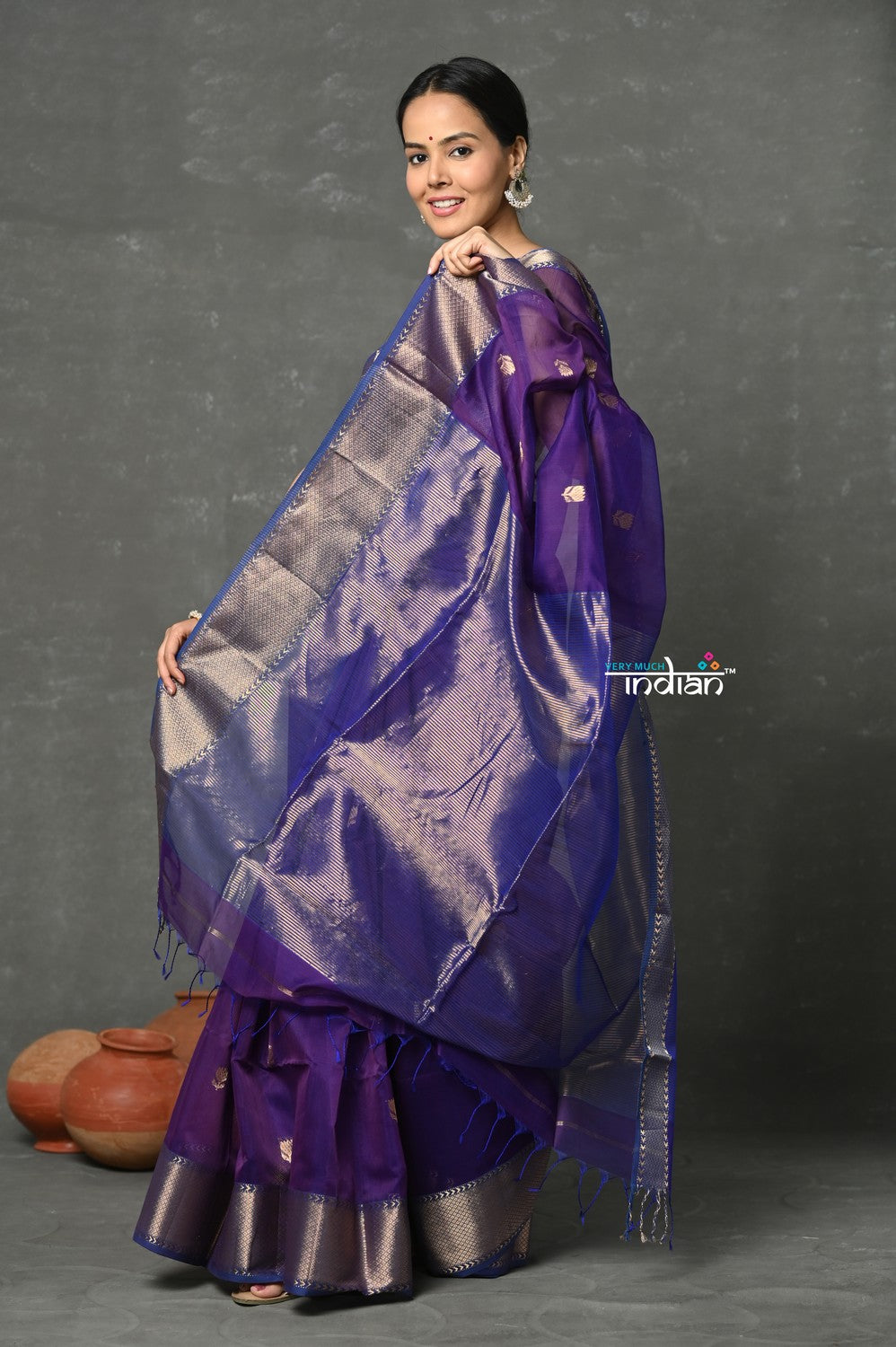Very Much Indian Tyohaar - Handloom Pure Cotton Silk Saree With Golden Border - Violet | Grocsy