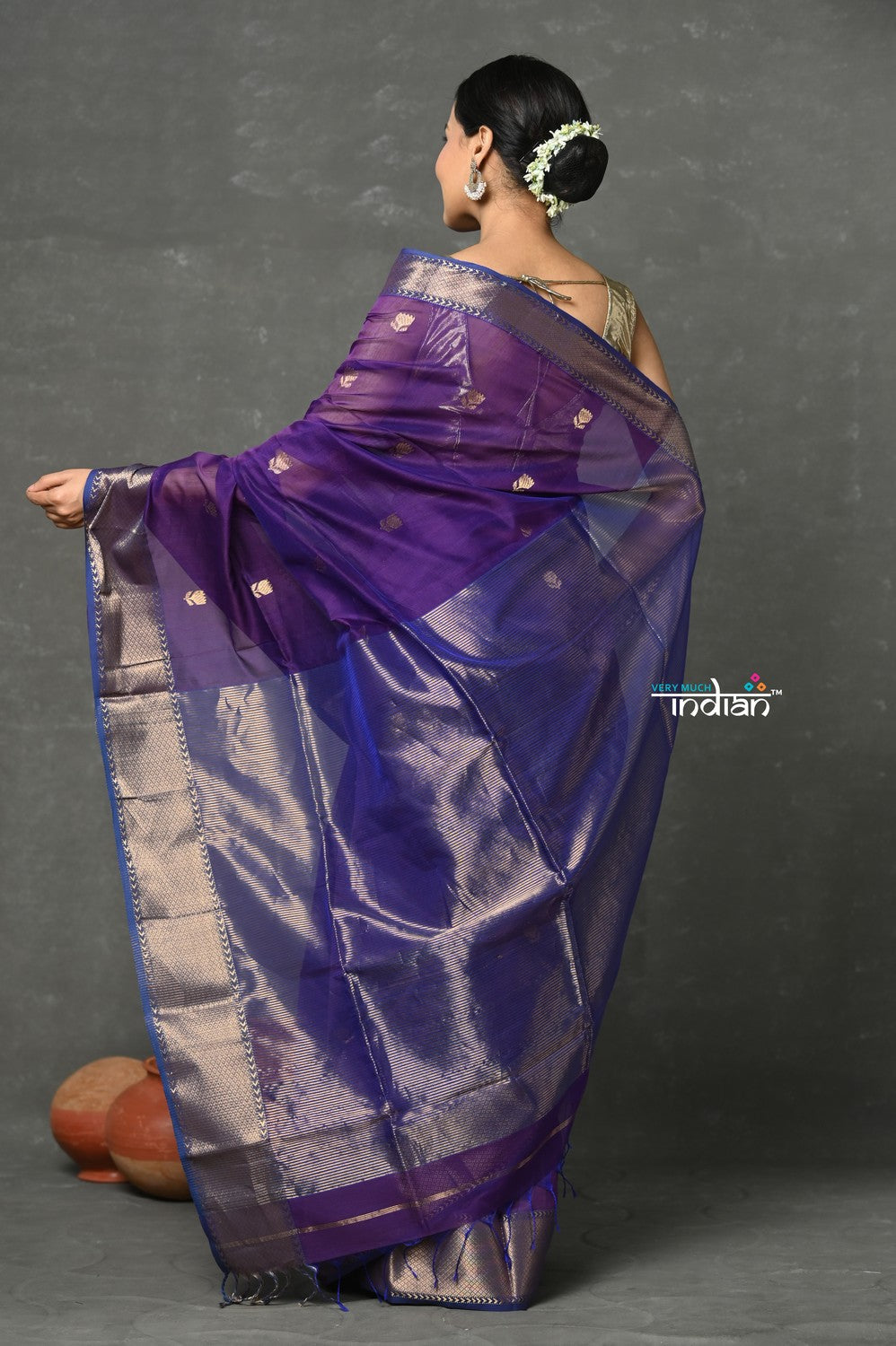 Very Much Indian Tyohaar - Handloom Pure Cotton Silk Saree With Golden Border - Violet | Grocsy