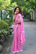 Very Much Indian Taapsee - Handloom Pure Mul Cotton Saree With Sleek Border - Wisteria Pink | Grocsy