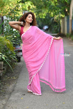 Very Much Indian Taapsee - Handloom Pure Mul Cotton Saree With Sleek Border - Wisteria Pink | Grocsy