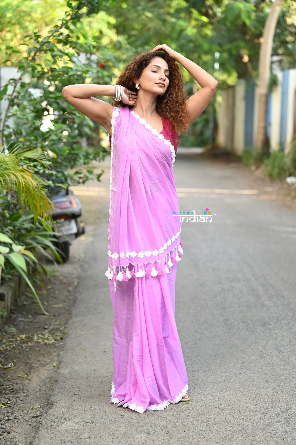 Very Much Indian Taapsee - Designer! Pure Mul Cotton Saree with Sleek Border - Blush Pink | Grocsy