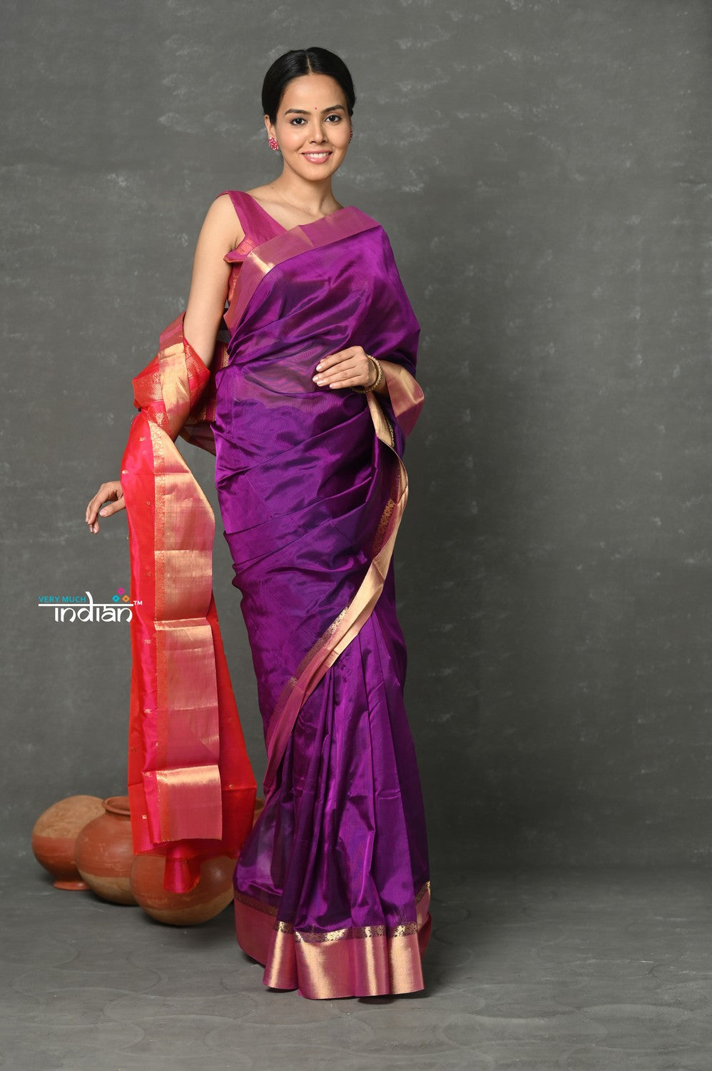 Very Much Indian Handloom Pure Cotton Silk Saree With Golden Border - Purple Pink | Grocsy