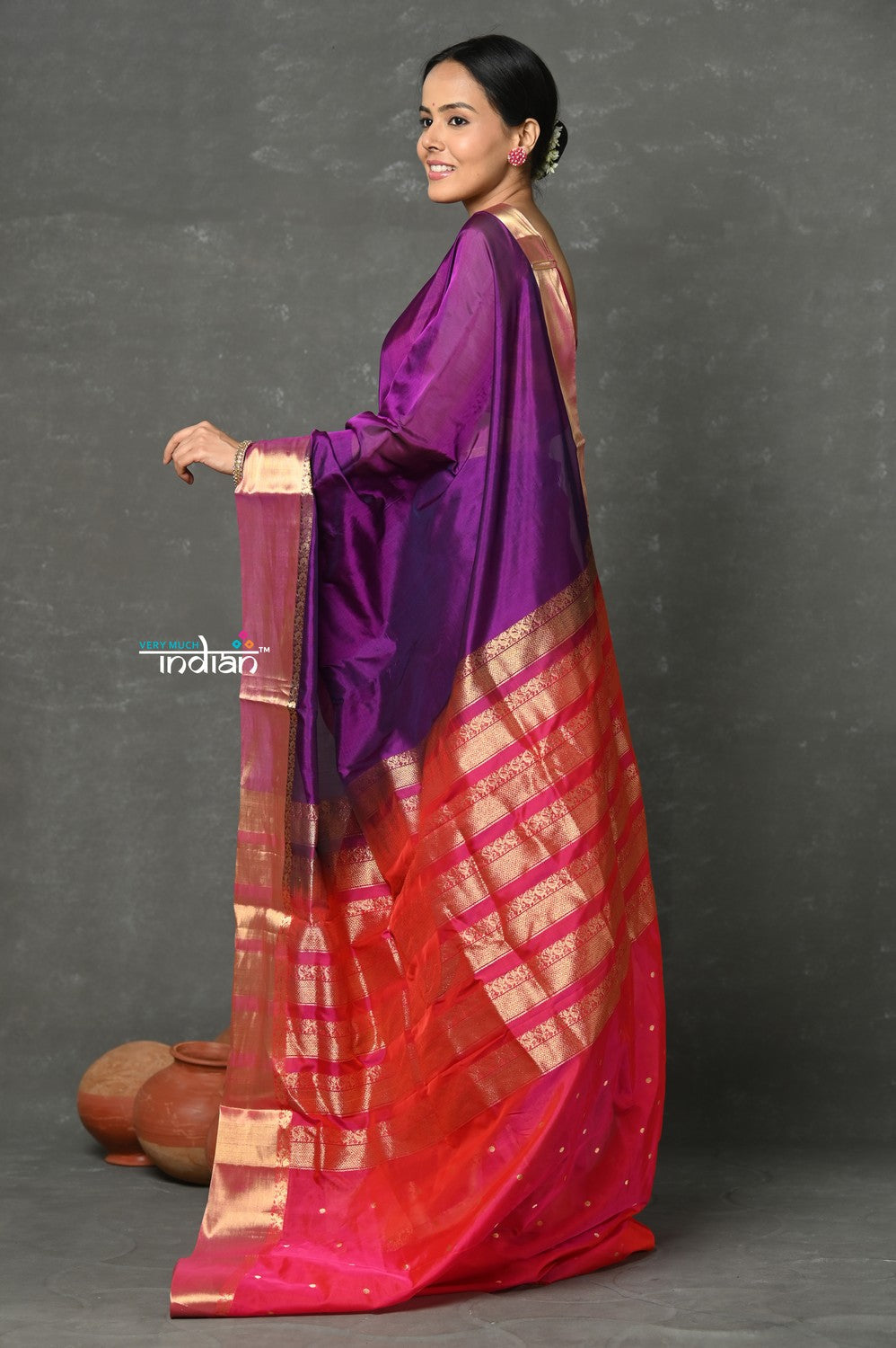Very Much Indian Tyohaar - Handloom Pure Chanderi Cotton Silk Saree With Golden Border - Purple Pink | Grocsy