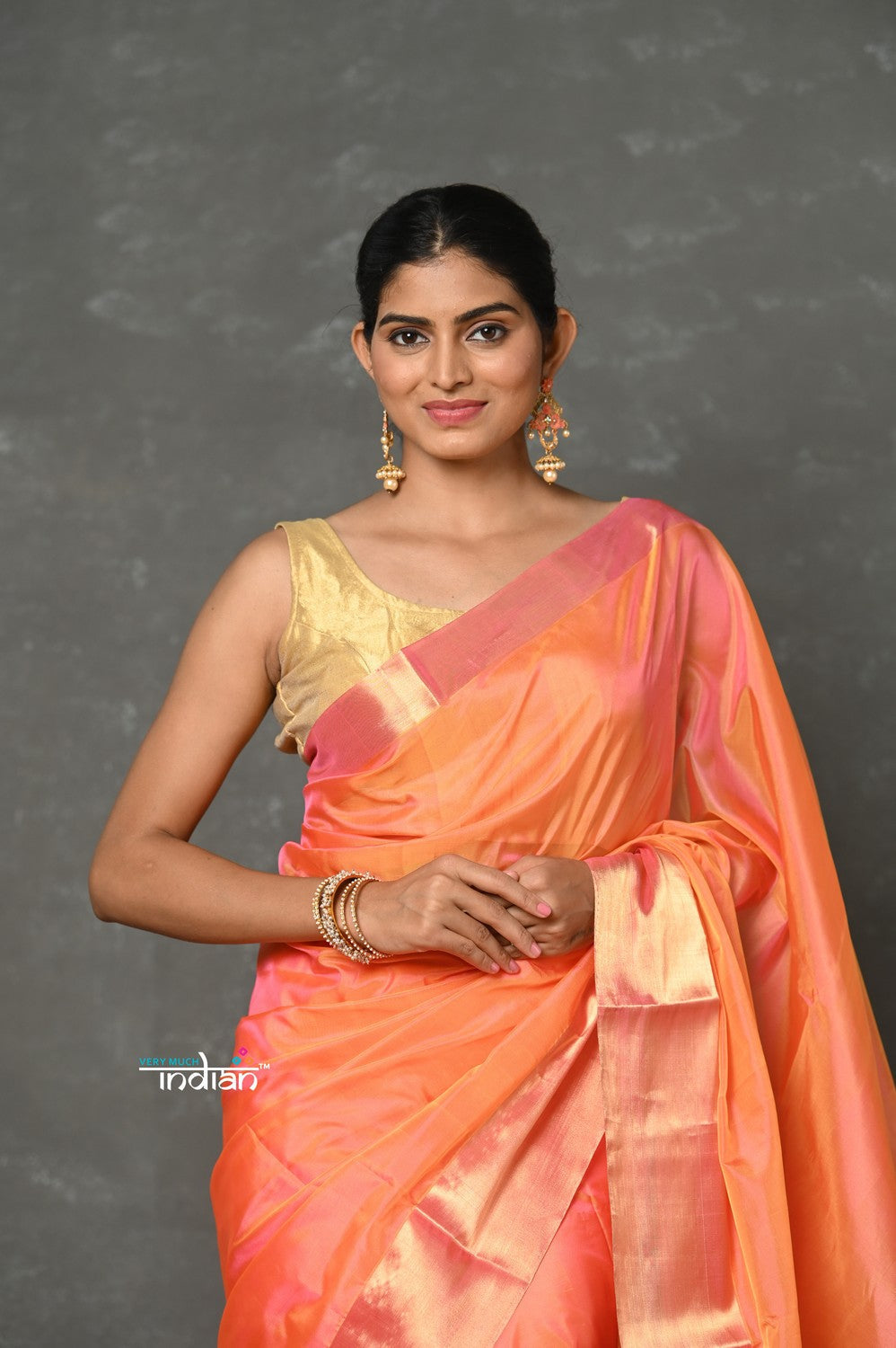 Very Much Indian Tyohaar - Handloom Pure Chanderi Cotton Silk Saree With Golden Border - Peach | Grocsy