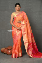 Very Much Indian Handloom Pure Cotton Silk Saree With Golden Border - Peach | Grocsy