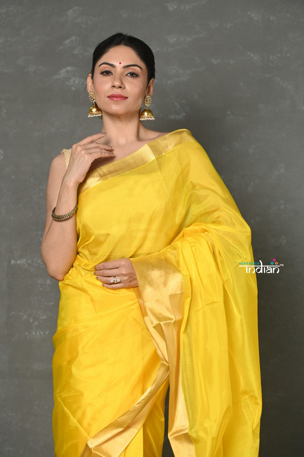 Very Much Indian Handloom Pure Cotton Silk Saree With Golden Border - Yellow | Grocsy