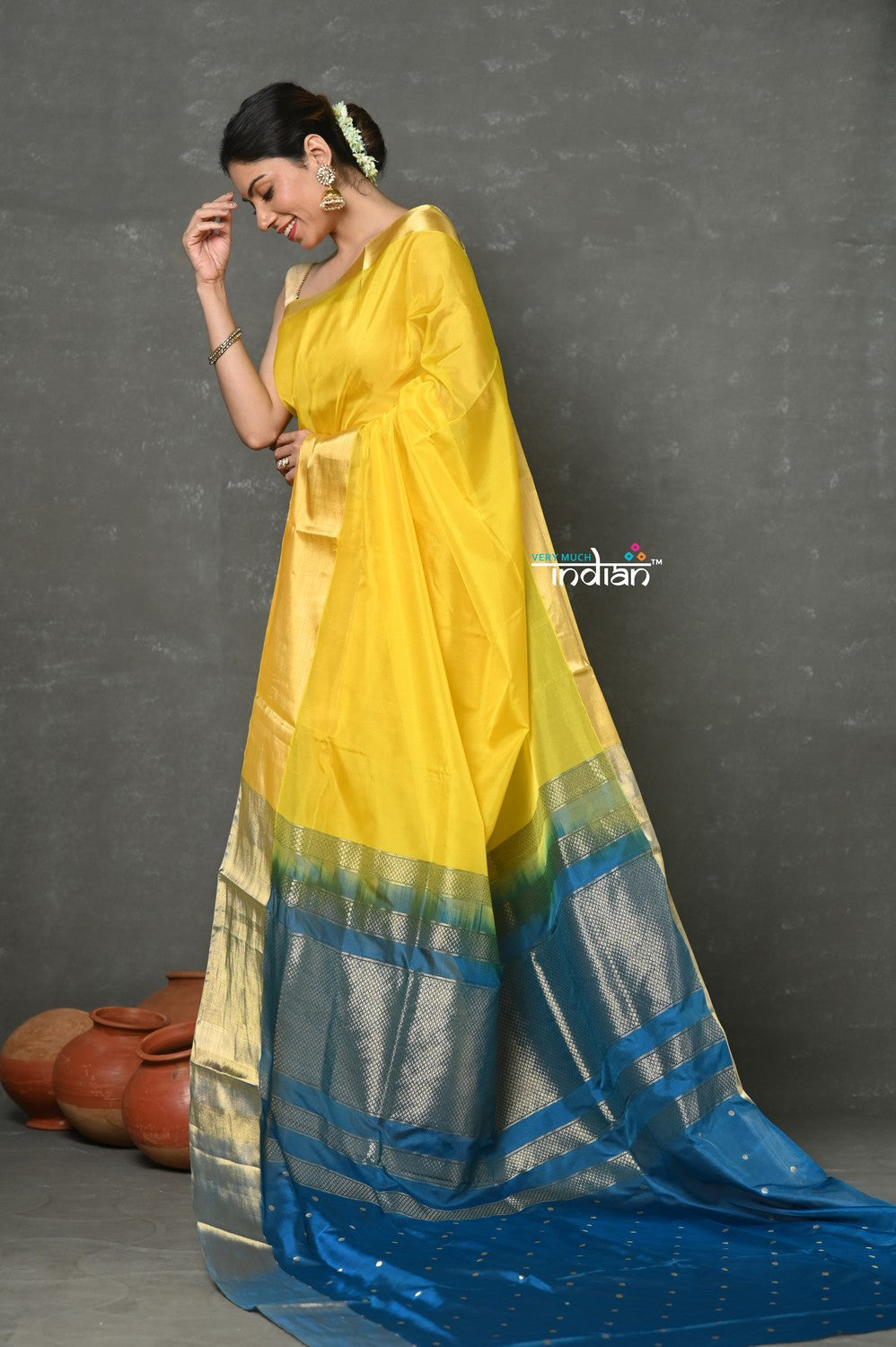Very Much Indian Handloom Pure Cotton Silk Saree With Golden Border - Yellow | Grocsy