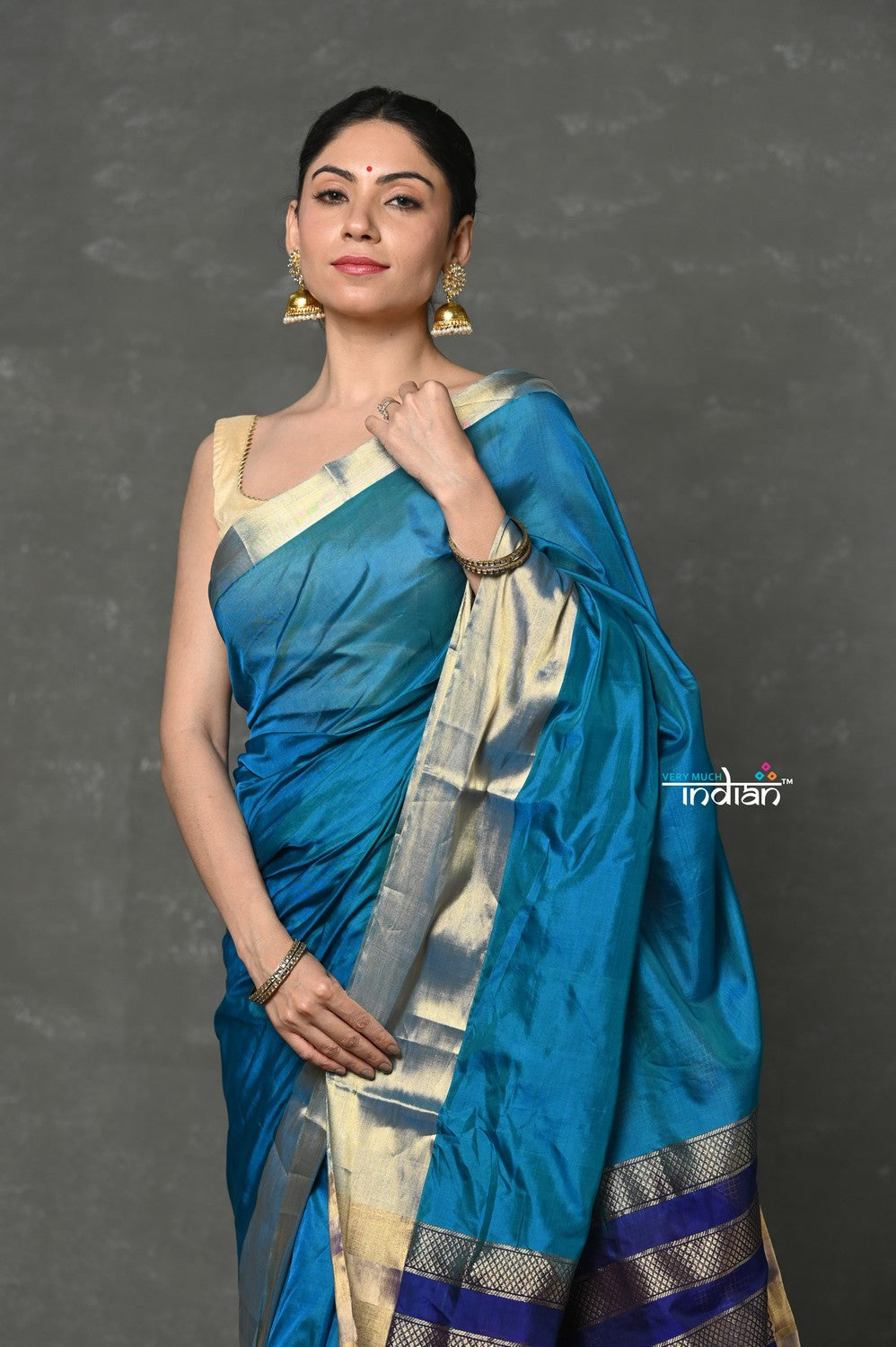 Very Much Indian Handloom Pure Cotton Silk Saree With Golden Border - Blue | Grocsy