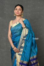 Very Much Indian Tyohaar - Handloom Pure Chanderi Cotton Silk Saree With Golden Border - Blue | Grocsy