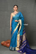 Very Much Indian Handloom Pure Cotton Silk Saree With Golden Border - Blue | Grocsy