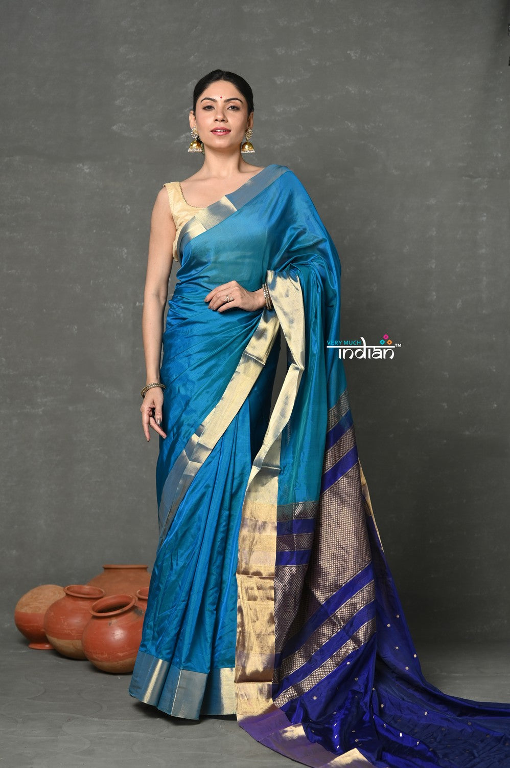 Very Much Indian Handloom Pure Cotton Silk Saree With Golden Border - Blue | Grocsy