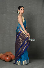 Very Much Indian Handloom Pure Cotton Silk Saree With Golden Border - Blue | Grocsy